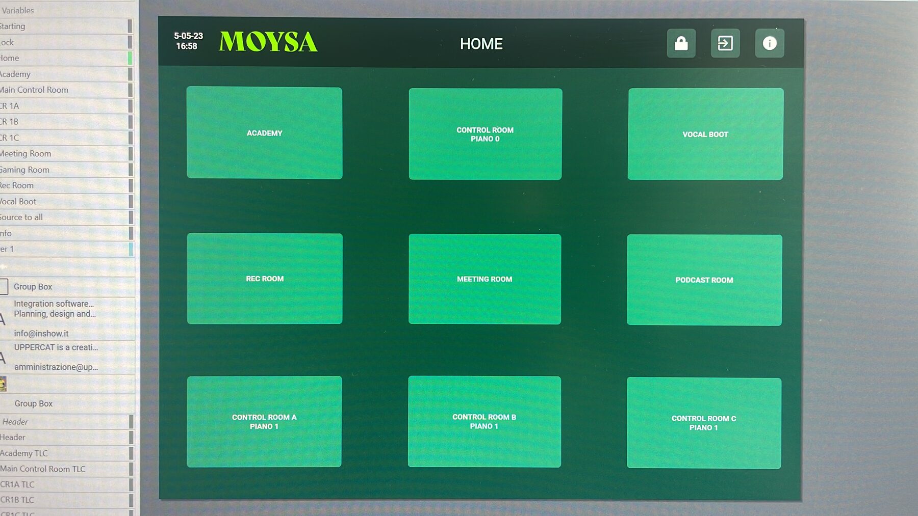 MOYSA — interfaccia di controllo su misura, schermata principale