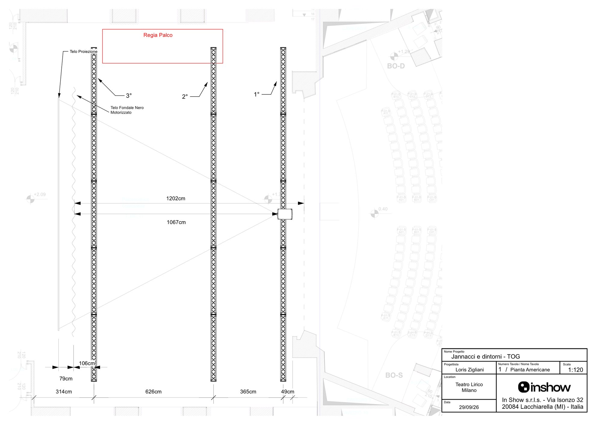 Pianta delle americane sul palco del Teatro Lirico, scala 1:120, disegno In Show