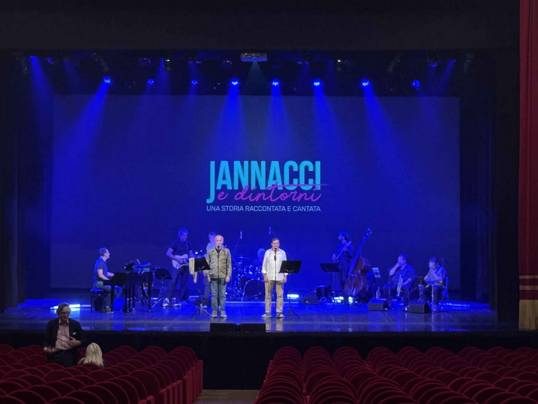Spettacolo Jannacci e dintorni, palco in luce blu con il titolo proiettato